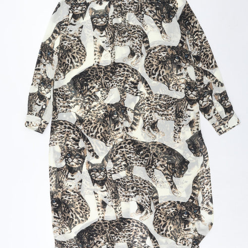 H&M Womens Brown Geometric Polyester Shirt Dress Size 12 Round Neck Button - Cat Pattern