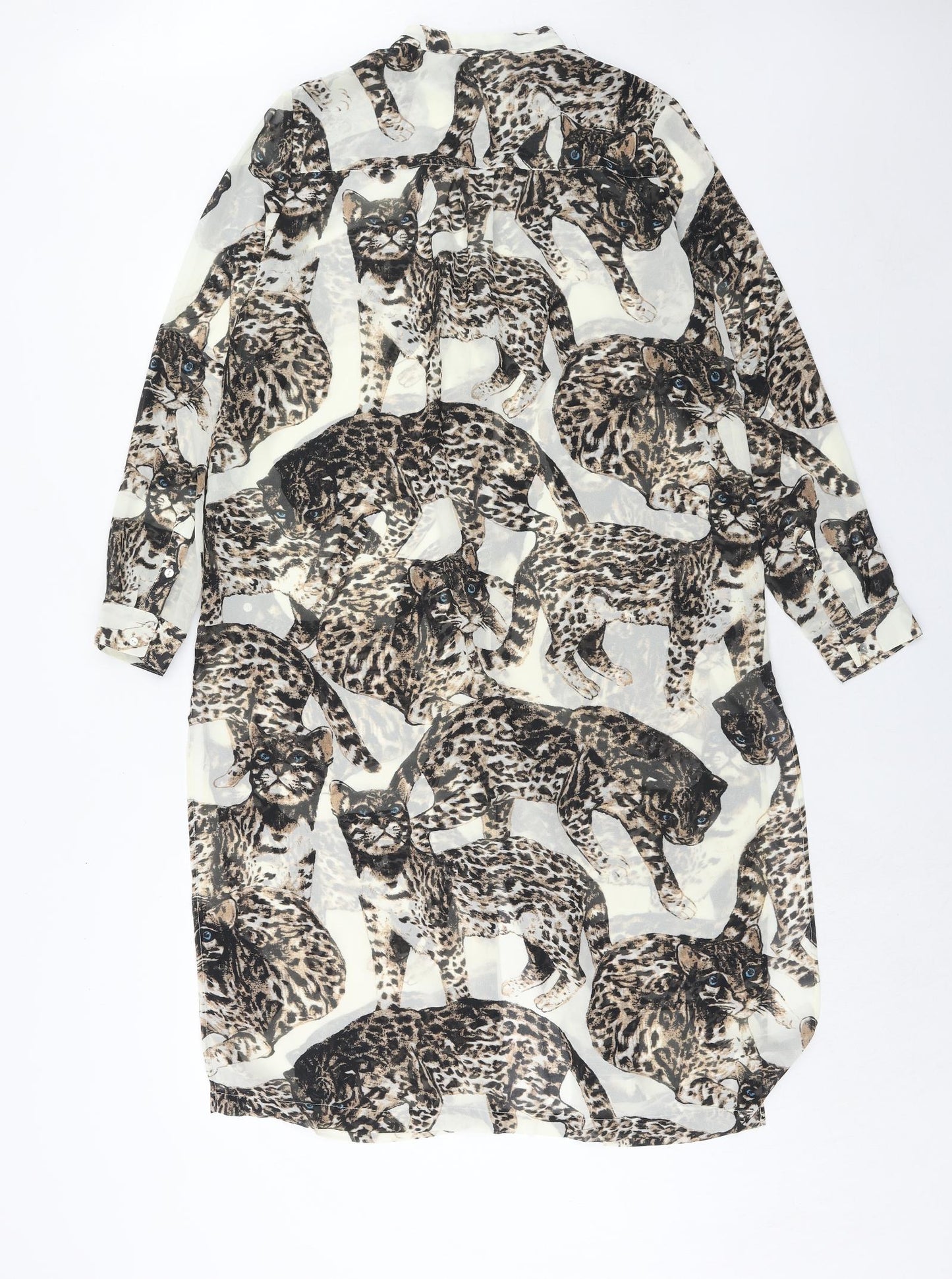 H&M Womens Brown Geometric Polyester Shirt Dress Size 12 Round Neck Button - Cat Pattern