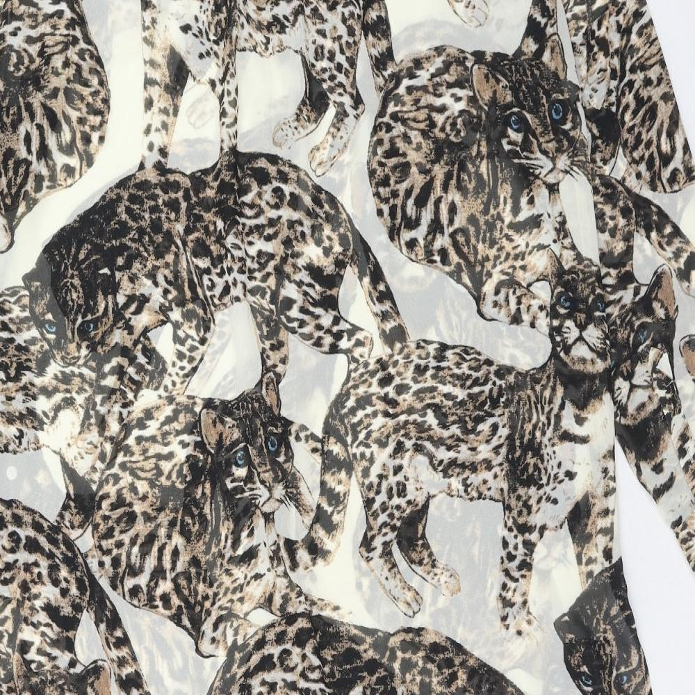 H&M Womens Brown Geometric Polyester Shirt Dress Size 12 Round Neck Button - Cat Pattern