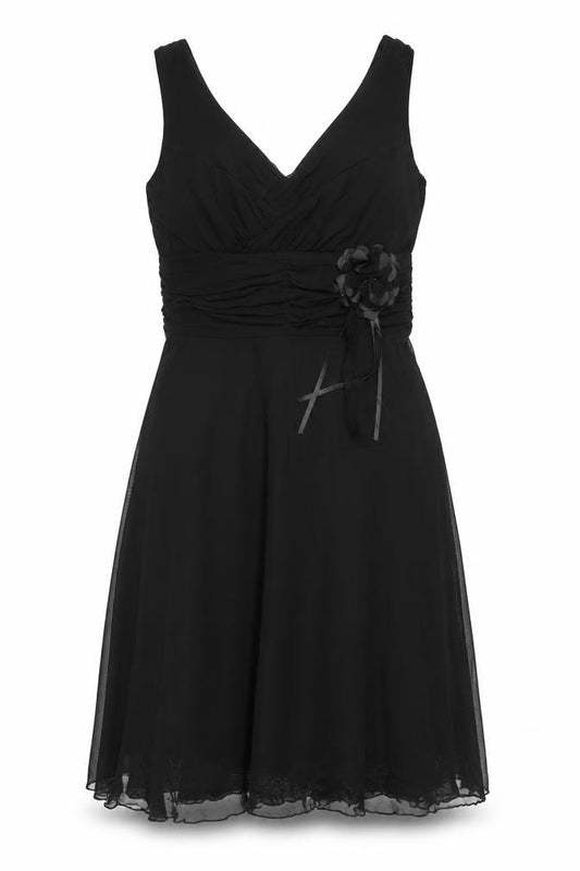 Front view of Next women’s black nylon trapeze & swing, size UK 12, v-neck zip - flower detail