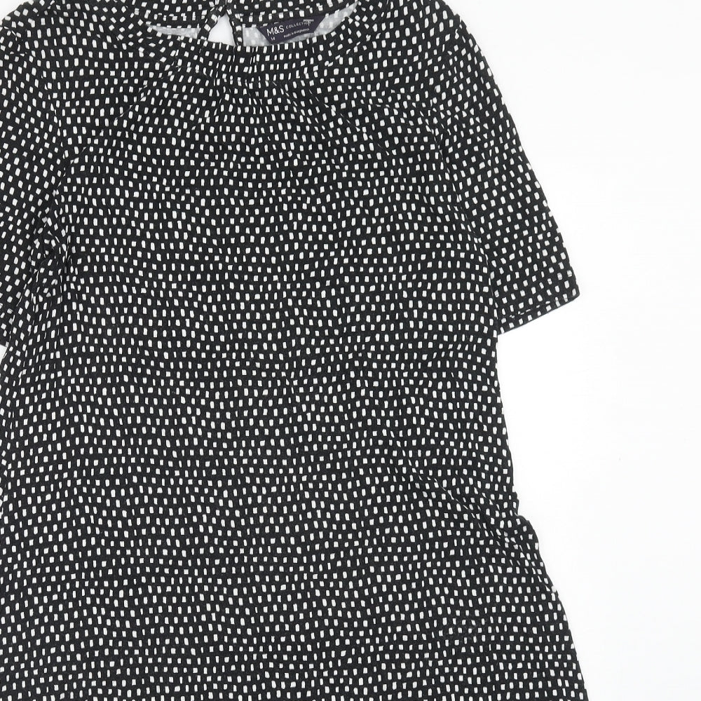 Marks and Spencer Womens Black Geometric Viscose A-Line Size 14 Round Neck Button