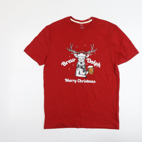 Marks and Spencer Mens Red Cotton T-Shirt Size S Round Neck - Merry Christmas Brew-Dolph Reindeer