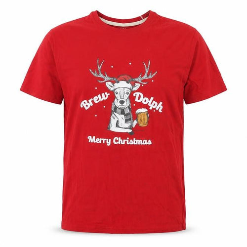 Marks and Spencer Mens Red Cotton T-Shirt Size S Round Neck - Merry Christmas Brew-Dolph Reindeer