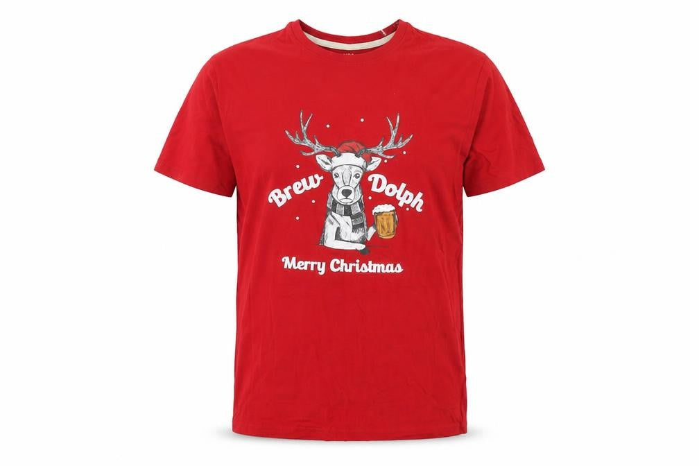 Marks and Spencer Mens Red Cotton T-Shirt Size S Round Neck - Merry Christmas Brew-Dolph Reindeer