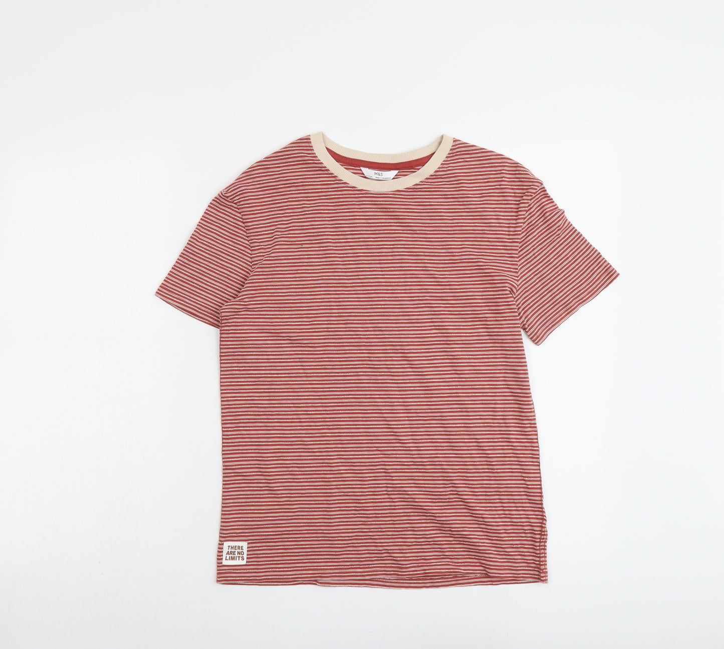 Marks and Spencer Boys Red Striped Cotton Basic T-Shirt Size 11-12 Years Round Neck Pullover