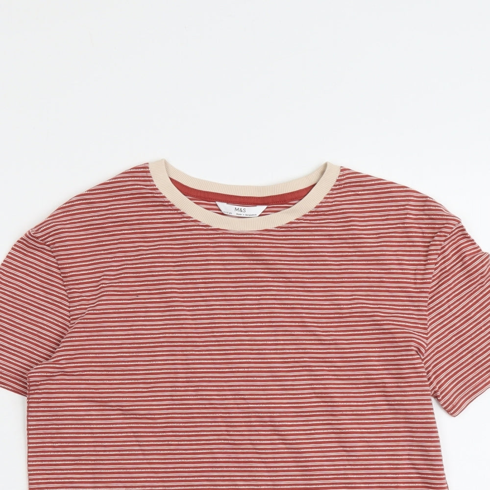 Marks and Spencer Boys Red Striped Cotton Basic T-Shirt Size 11-12 Years Round Neck Pullover