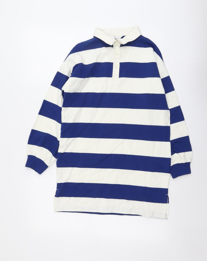 Marks and Spencer Girls Blue Striped Cotton Pullover Sweatshirt Size 9-10 Years Button