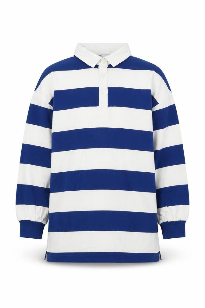 Front view of Marks & Spencer girls’ blue striped cotton pullover sweatshirt, size 9-10, years button