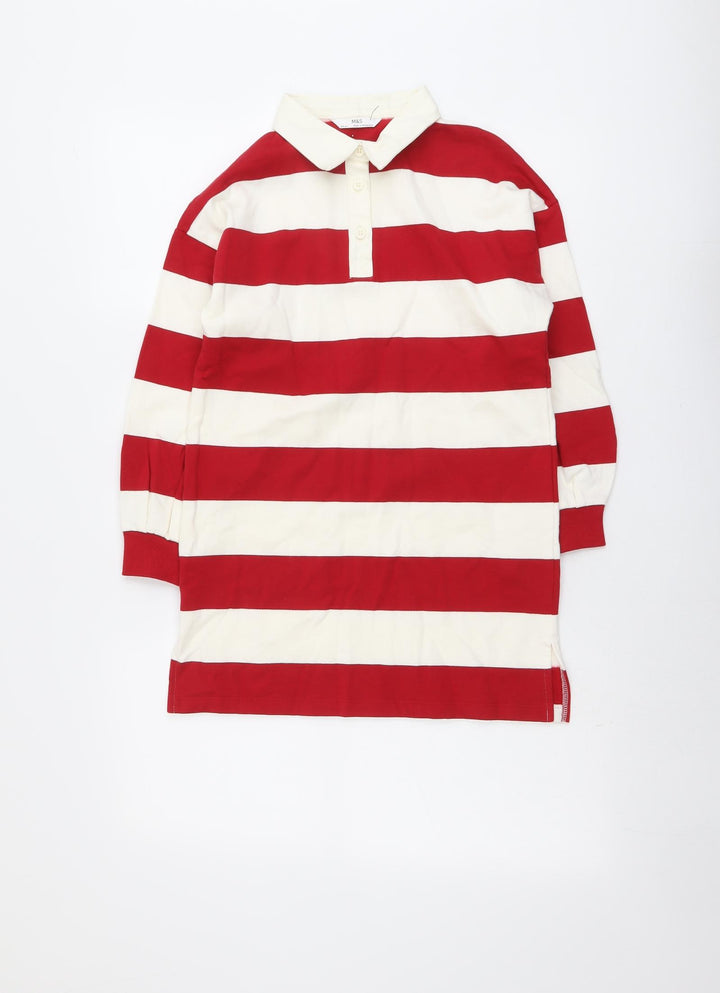 Marks and Spencer Girls Red Striped Cotton Pullover Sweatshirt Size 8-9 Years Button