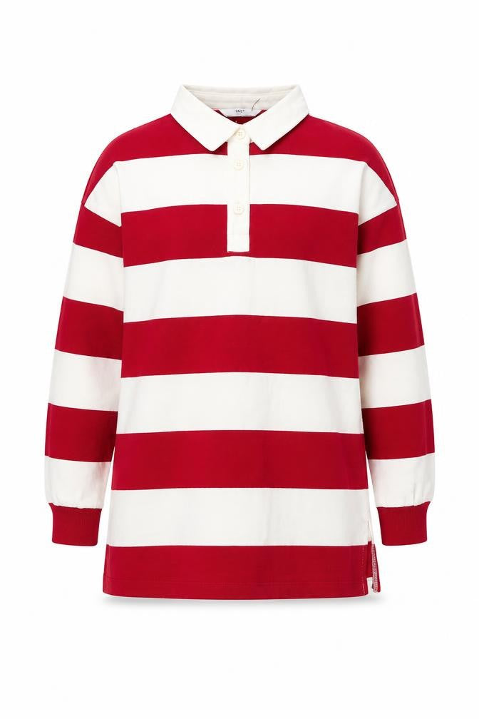 Front view of Marks & Spencer girls’ red striped cotton pullover sweatshirt, size 8-9, years button