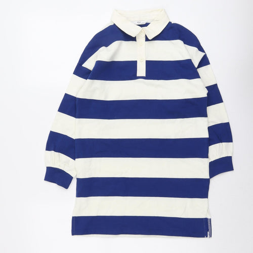 Marks and Spencer Girls Blue Striped Cotton Pullover Sweatshirt Size 8-9 Years Button