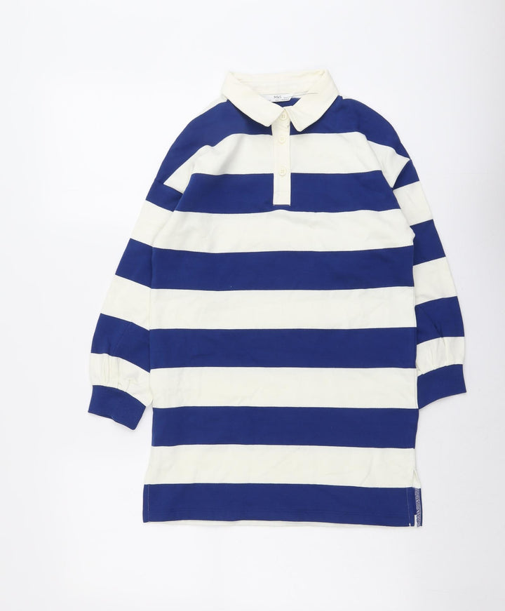 Marks and Spencer Girls Blue Striped Cotton Pullover Sweatshirt Size 8-9 Years Button