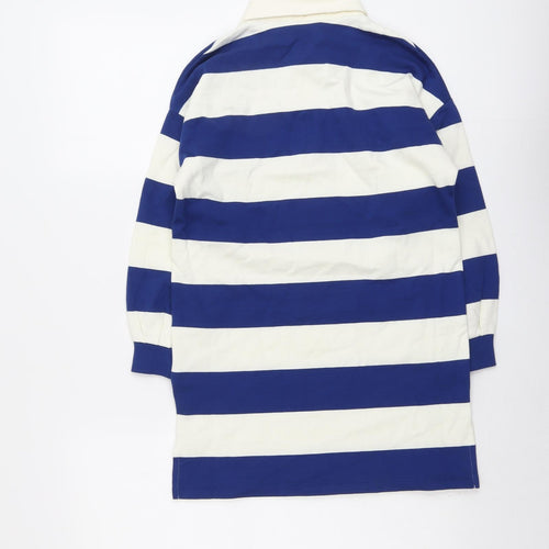 Marks and Spencer Girls Blue Striped Cotton Pullover Sweatshirt Size 8-9 Years Button