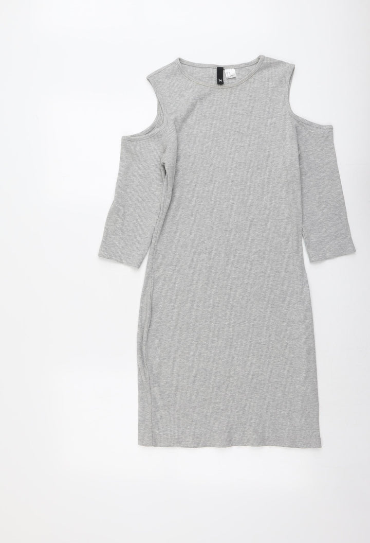 H&M Womens Grey Cotton A-Line Size 14 Round Neck Pullover - Cold Shoulder