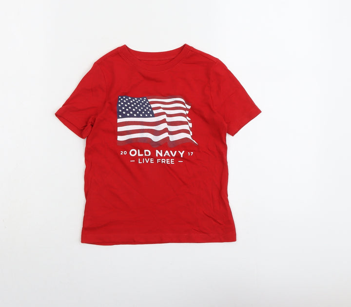 Old Navy Boys Red Cotton Basic T-Shirt Size 4 Years Round Neck Pullover - American Flag Live Free