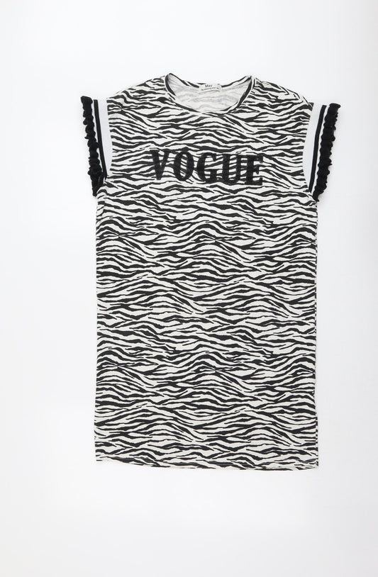 Front view of May women’s black animal print cotton a-line, size M, round neck pullover - zebra pattern vogue, size M-l