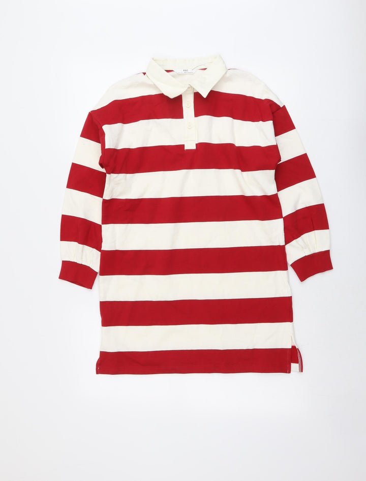 Marks and Spencer Girls Red Striped Cotton Pullover Sweatshirt Size 10-11 Years Button