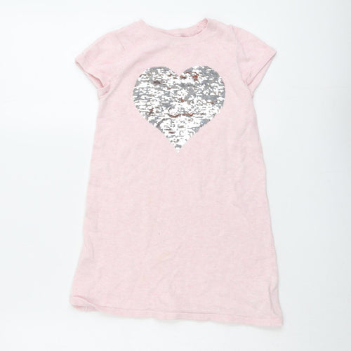 H&M Girls Pink Cotton T-Shirt Dress Size 5-6 Years Round Neck Pullover - Sequin Heart Print