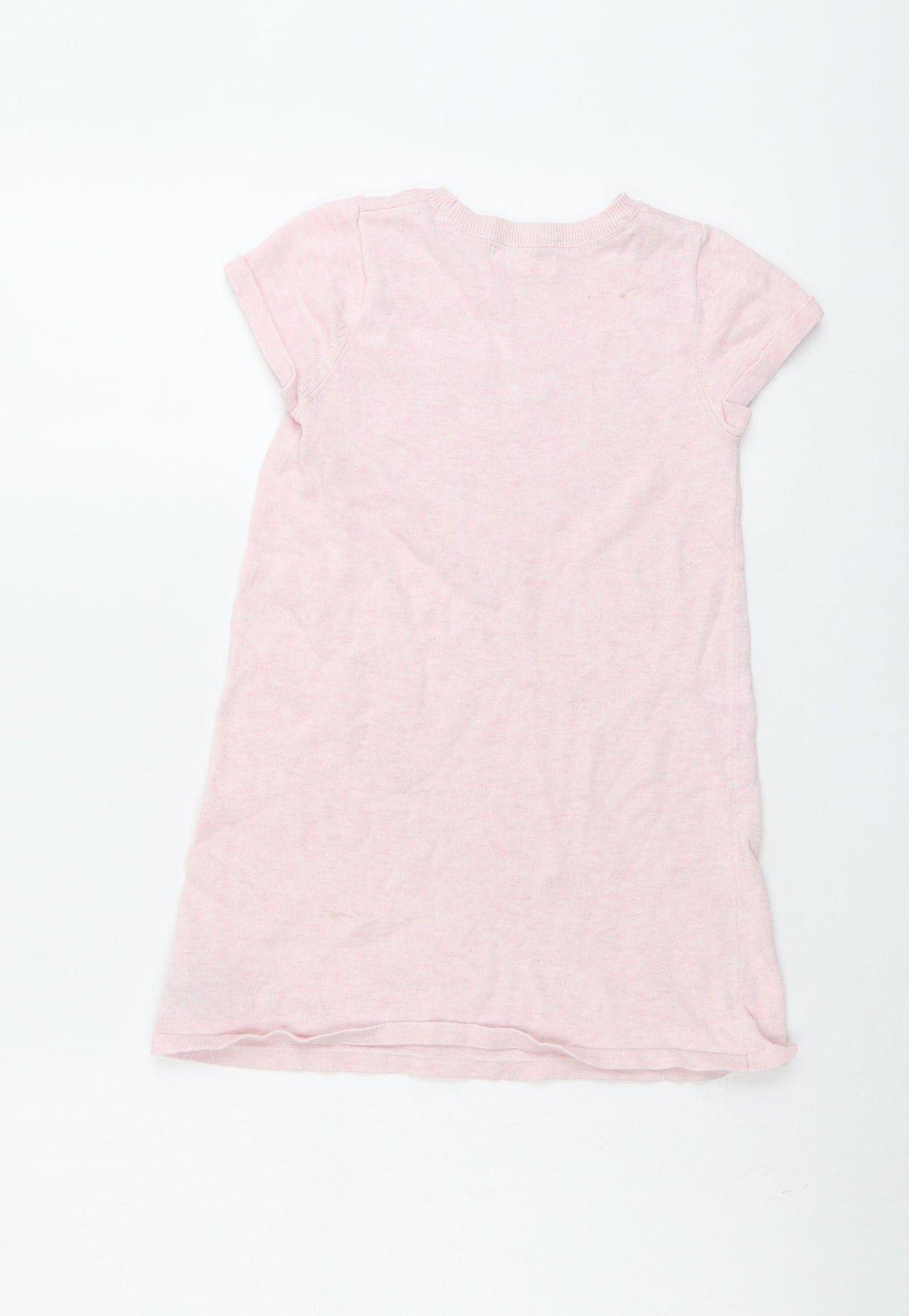 H&M Girls Pink Cotton T-Shirt Dress Size 5-6 Years Round Neck Pullover - Sequin Heart Print