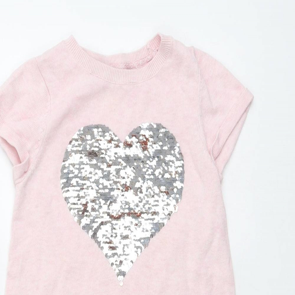 H&M Girls Pink Cotton T-Shirt Dress Size 5-6 Years Round Neck Pullover - Sequin Heart Print