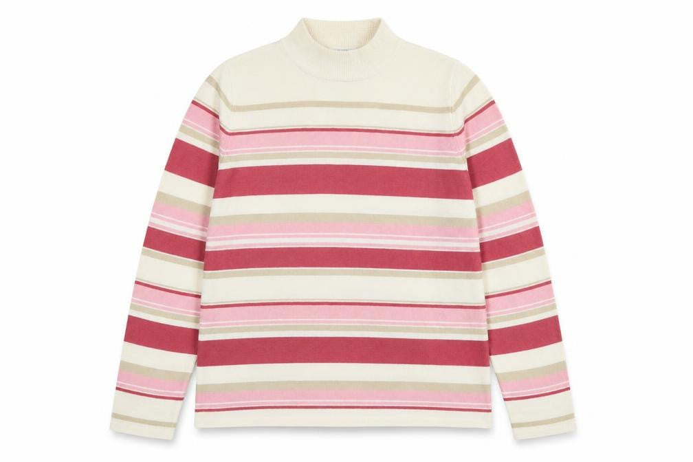 Front view of Marks & Spencer women’s multicoloured mock neck striped acrylic jumper, size UK 12