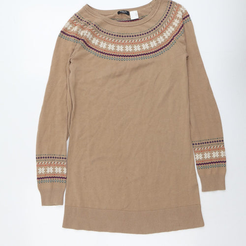 La Redoute Womens Beige Fair Isle Cotton Jumper Dress Size 8 Round Neck Pullover