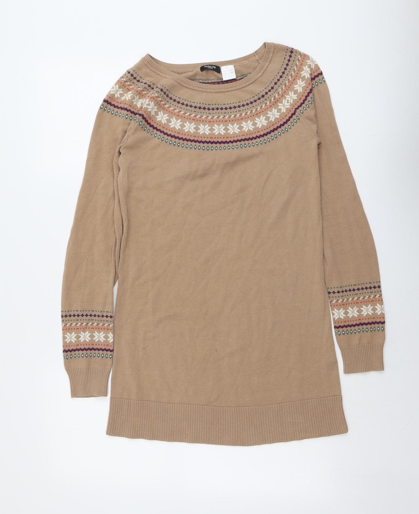 La Redoute Womens Beige Fair Isle Cotton Jumper Dress Size 8 Round Neck Pullover