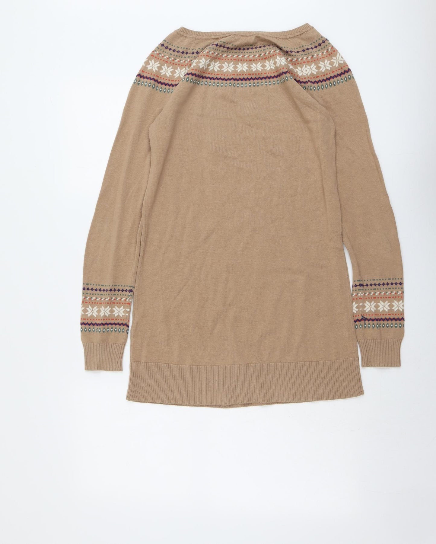 La Redoute Womens Beige Fair Isle Cotton Jumper Dress Size 8 Round Neck Pullover