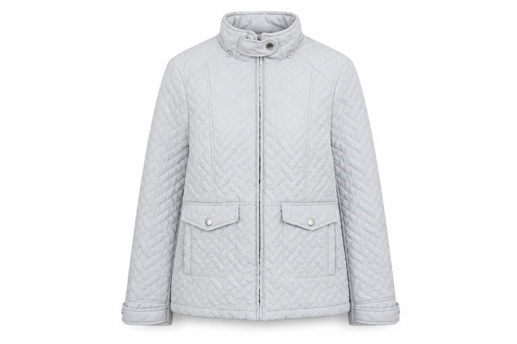 Front view of EWM women’s grey quilted jacket, size UK 10, zip