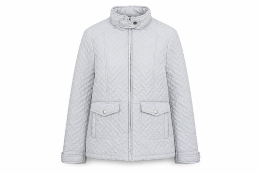Front view of EWM women’s grey quilted jacket, size UK 10, zip