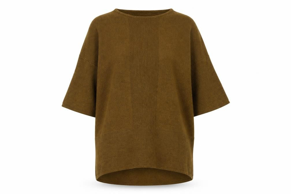 Front view of Warehouse women’s brown round neck viscose jumper, size UK 6