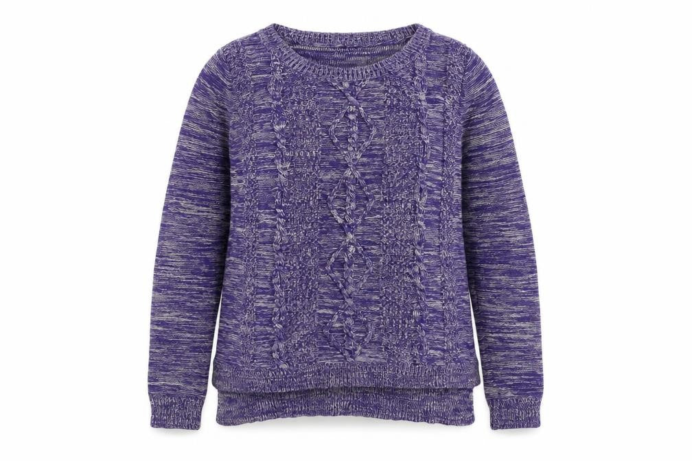 Front view of Yumi women’s purple round neck cotton jumper, size UK 10