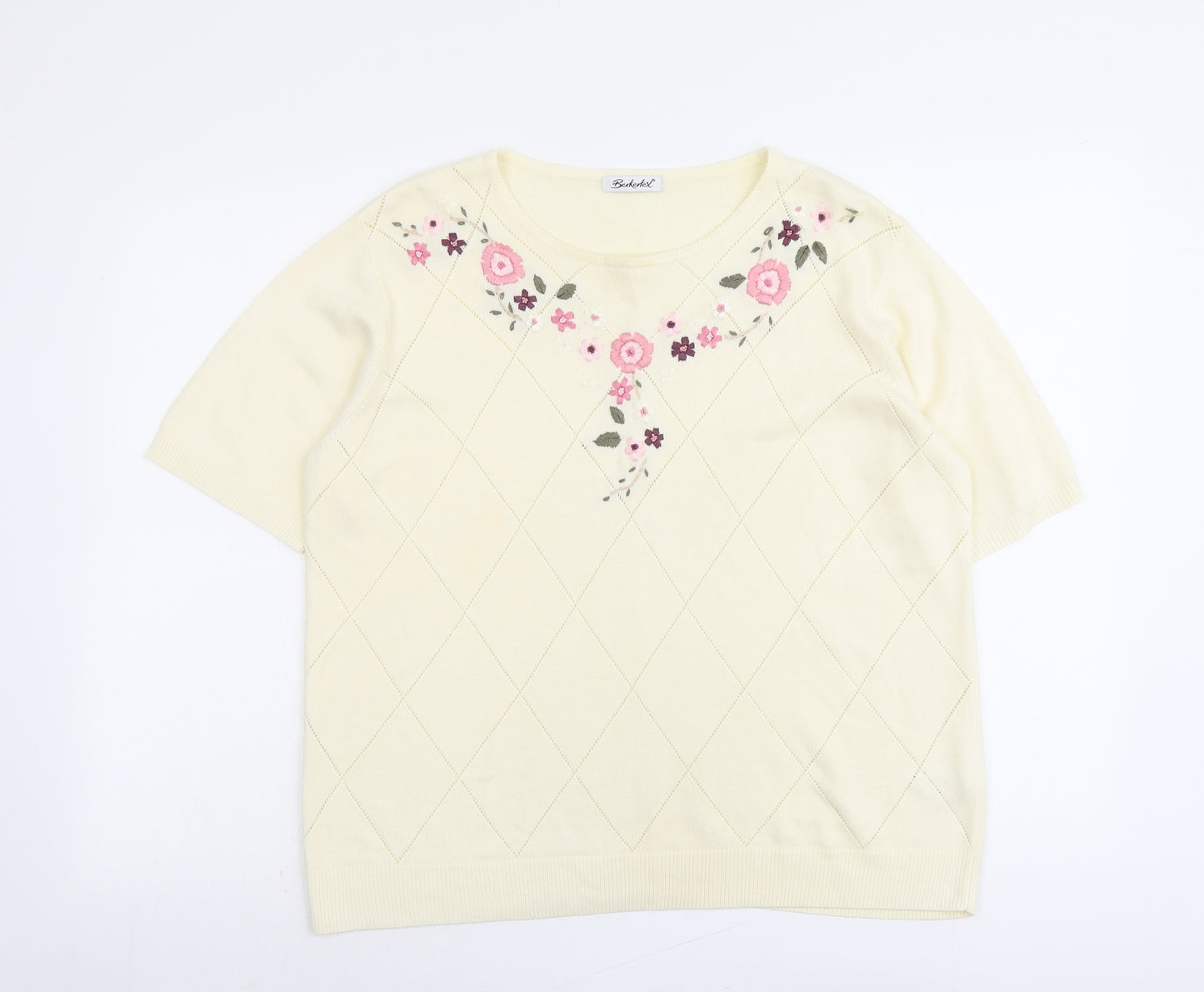 Berkertex Womens Ivory Round Neck Floral Acrylic Pullover Jumper Size 18