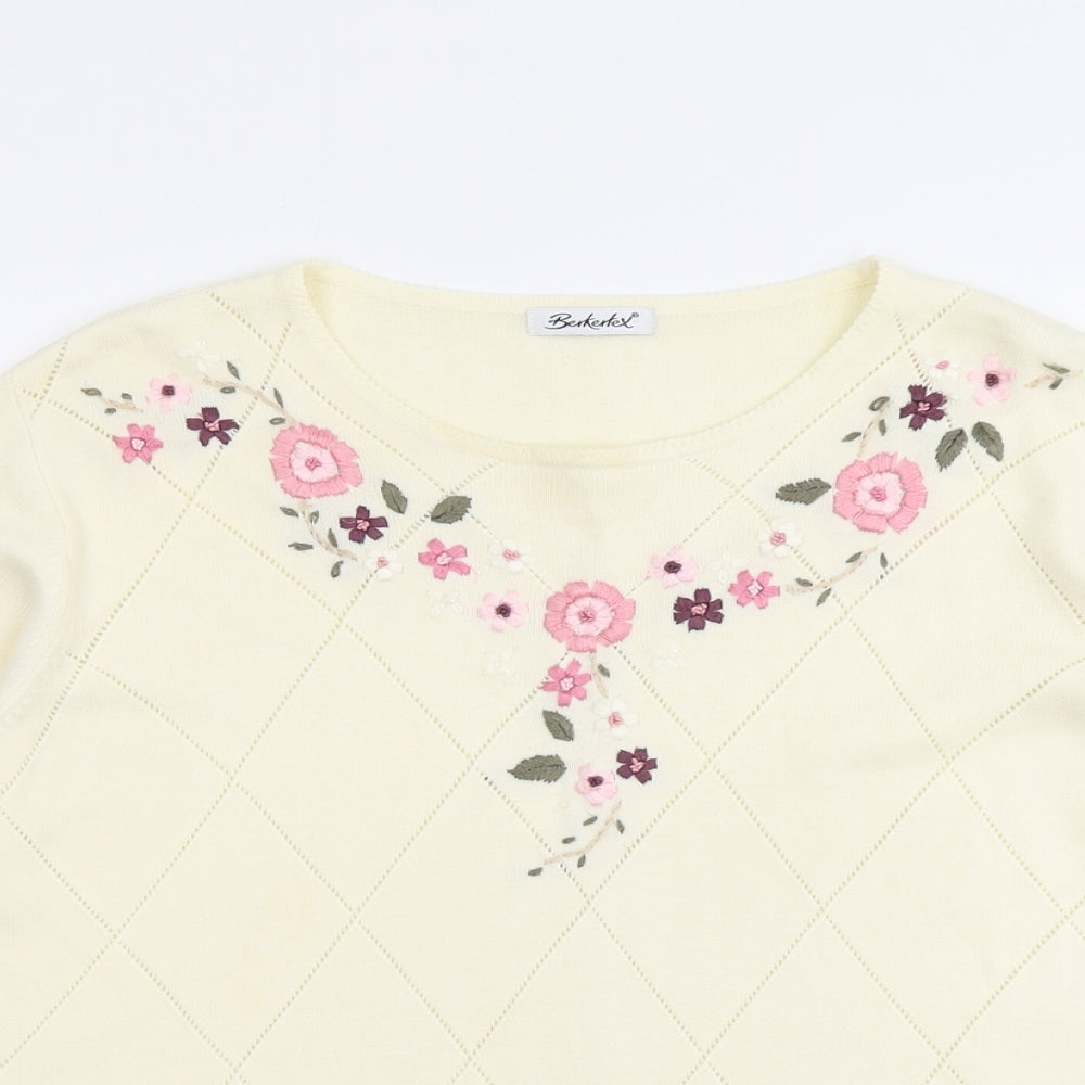 Berkertex Womens Ivory Round Neck Floral Acrylic Pullover Jumper Size 18