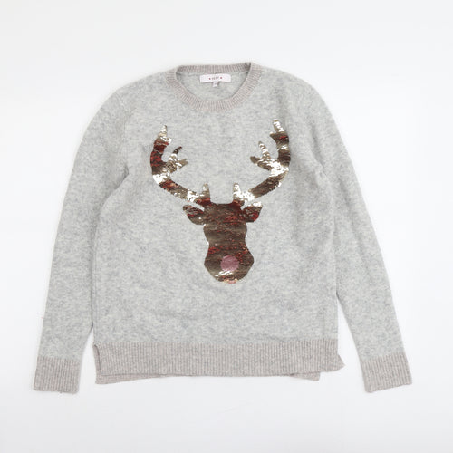 NEXT Womens Grey Round Neck Acrylic Pullover Jumper Size 10 - Reindeer Christmas