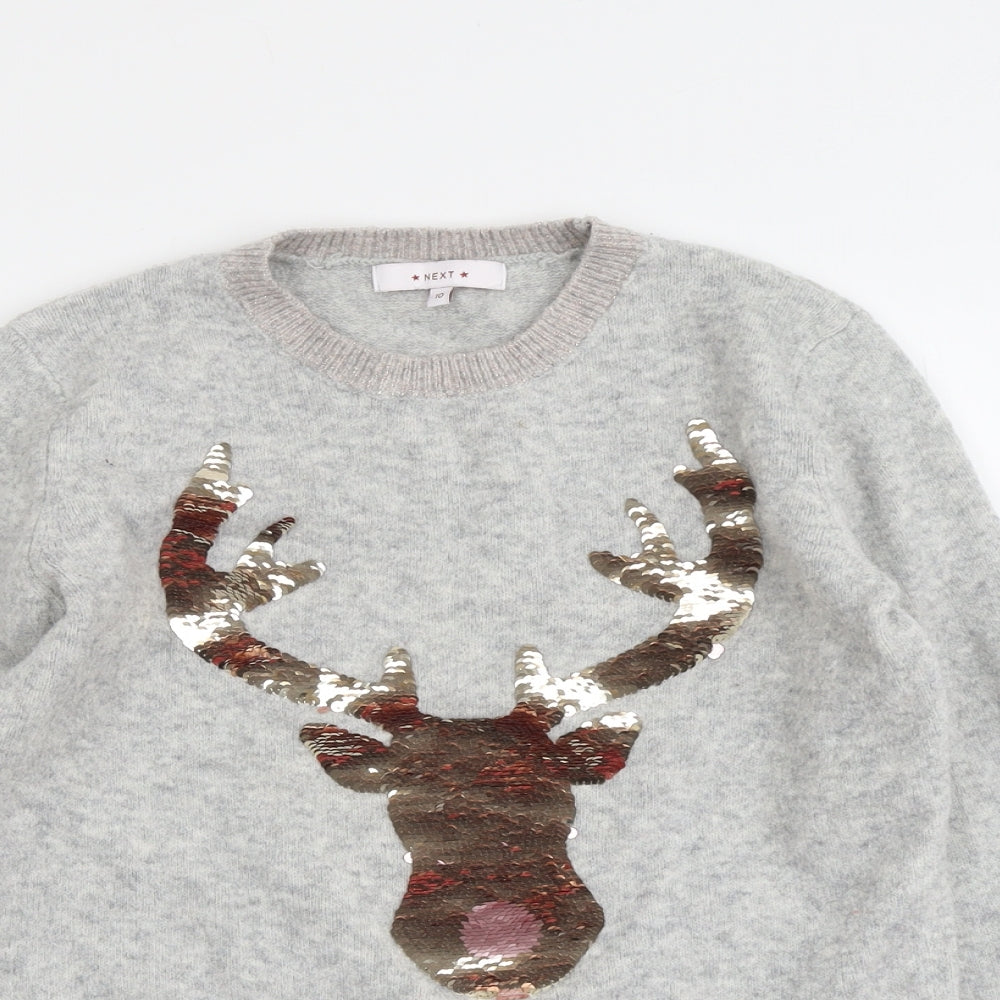 NEXT Womens Grey Round Neck Acrylic Pullover Jumper Size 10 - Reindeer Christmas