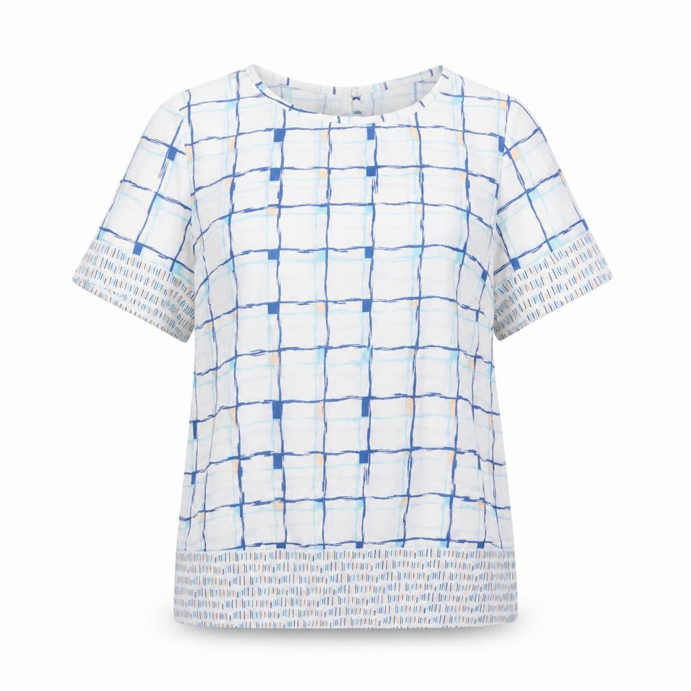 Front view of Emerco women’s blue geometric polyester basic blouse, size UK 12, round neck