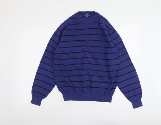 Blue Harbour Mens Blue Crew Neck Striped Cotton Pullover Jumper Size M Long Sleeve