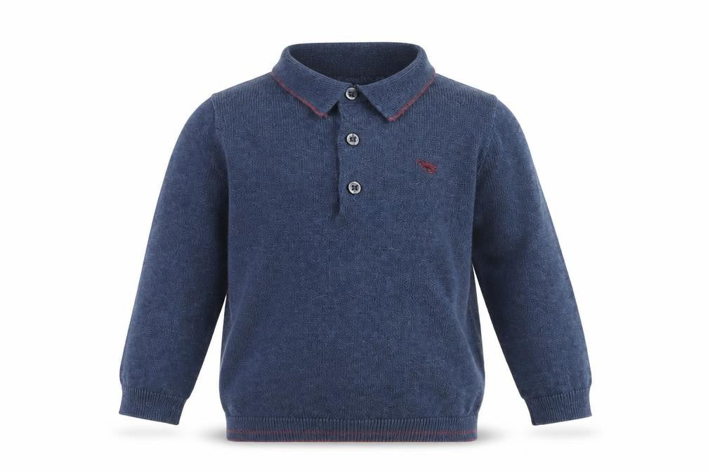 Front view of Next boys’ blue collared cotton jumper, size 2, years button