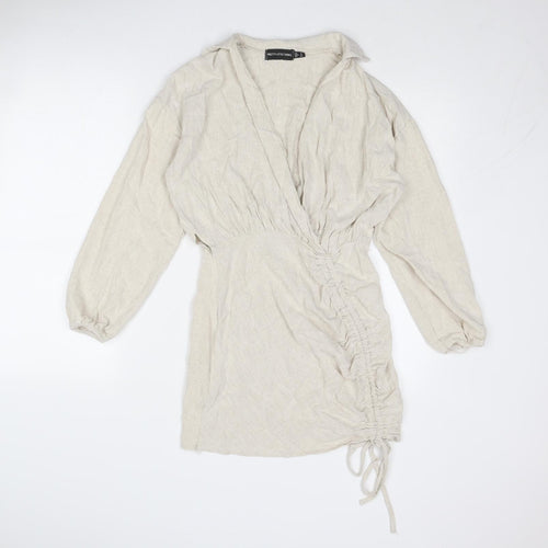 PRETTYLITTLETHING Womens Beige Linen A-Line Size 8 Collared Zip