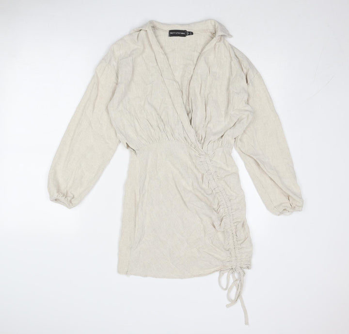 PRETTYLITTLETHING Womens Beige Linen A-Line Size 8 Collared Zip