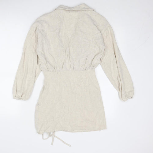 PRETTYLITTLETHING Womens Beige Linen A-Line Size 8 Collared Zip