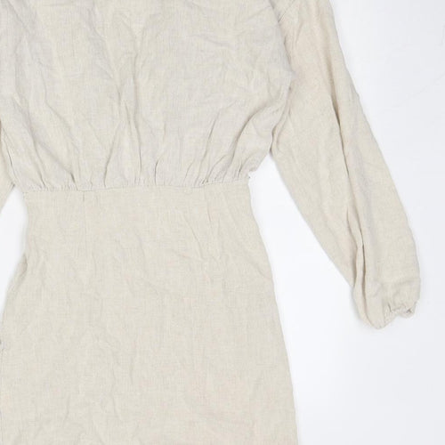 PRETTYLITTLETHING Womens Beige Linen A-Line Size 8 Collared Zip