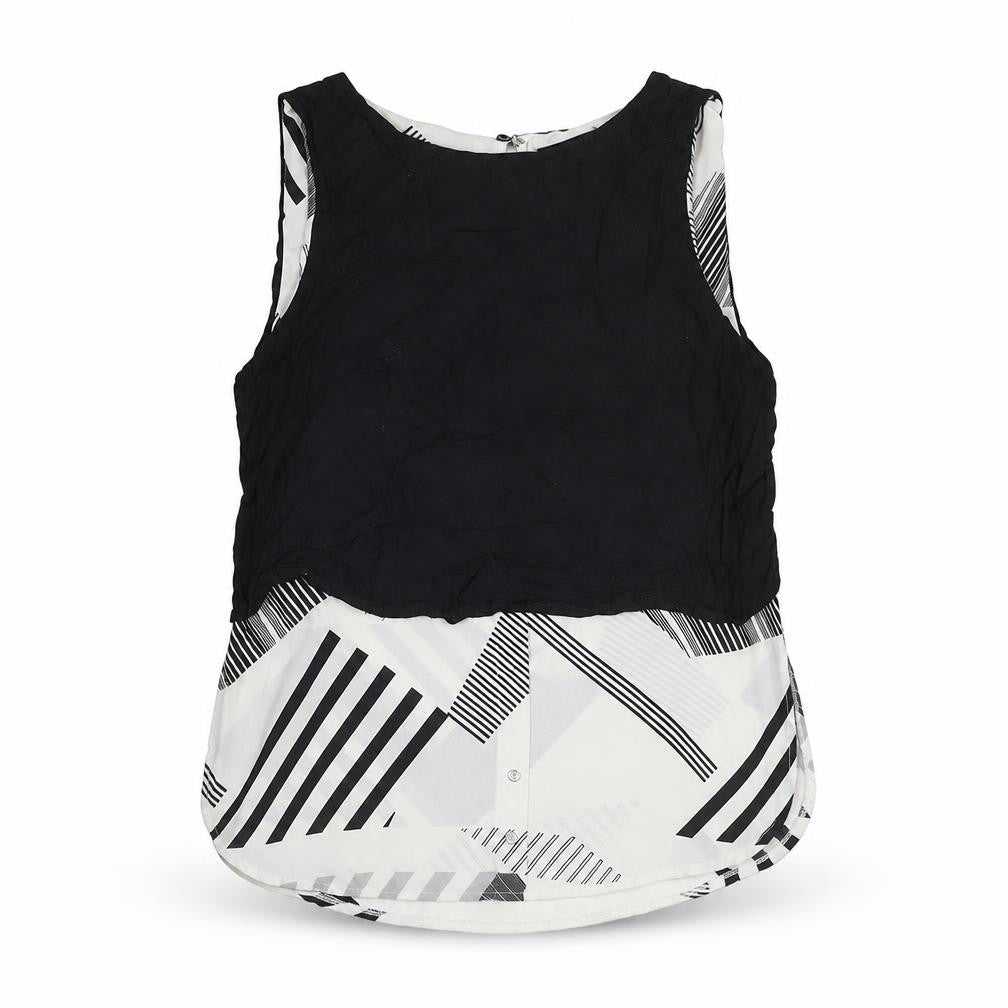 Front view of River Island women’s black geometric polyester basic tank, size UK 10, boat neck