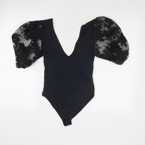 Zara Womens Black Viscose Bodysuit One-Piece Size S Snap - Sheer Sleeves