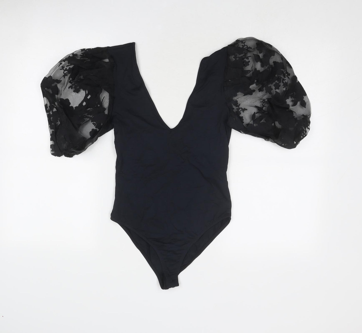 Zara Womens Black Viscose Bodysuit One-Piece Size S Snap - Sheer Sleeves