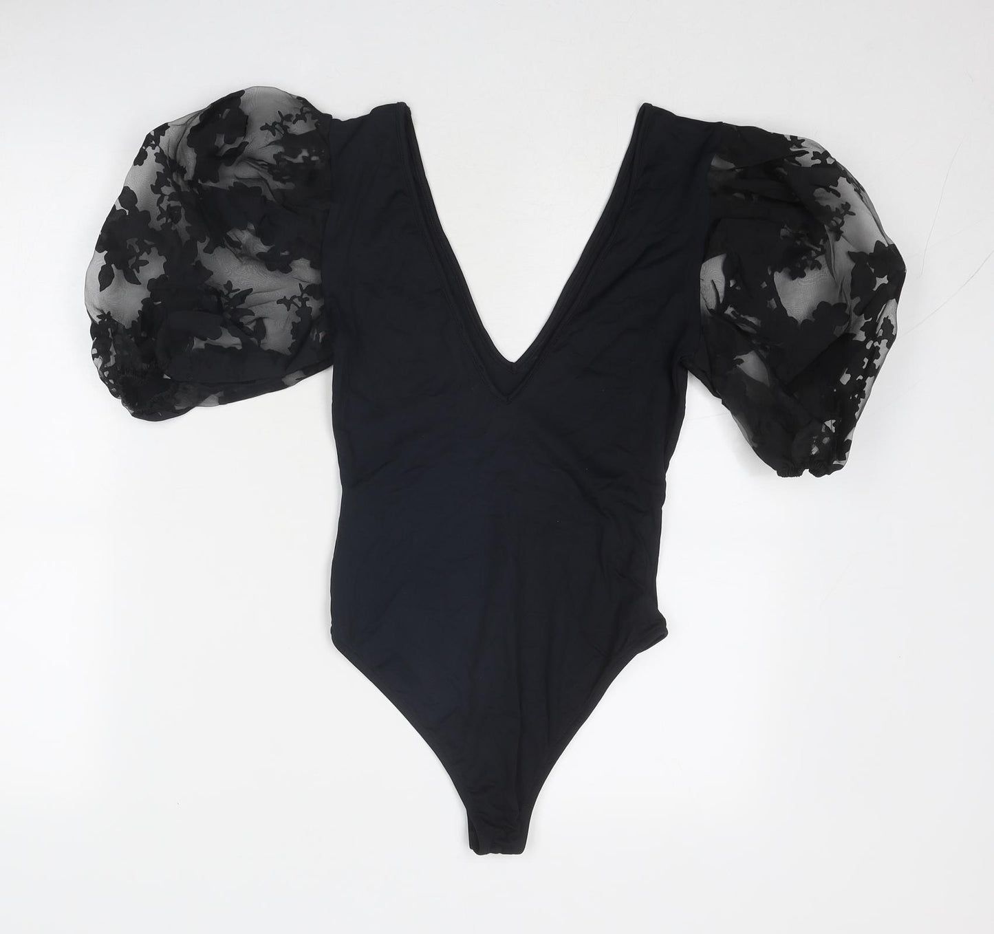 Zara Womens Black Viscose Bodysuit One-Piece Size S Snap - Sheer Sleeves