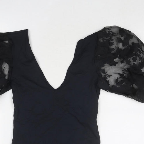 Zara Womens Black Viscose Bodysuit One-Piece Size S Snap - Sheer Sleeves