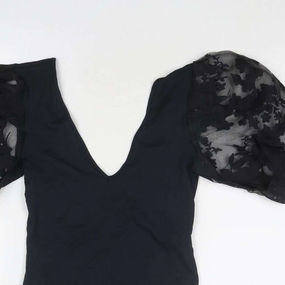 Zara Womens Black Viscose Bodysuit One-Piece Size S Snap - Sheer Sleeves