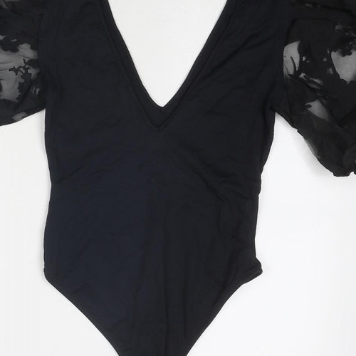 Zara Womens Black Viscose Bodysuit One-Piece Size S Snap - Sheer Sleeves